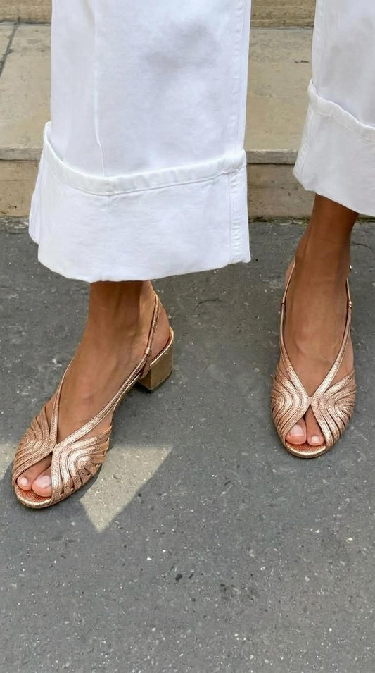 Zapatos de Tacón de Bloque Slingback Peep Toe Trenzados Metalizados Oro Rosa
