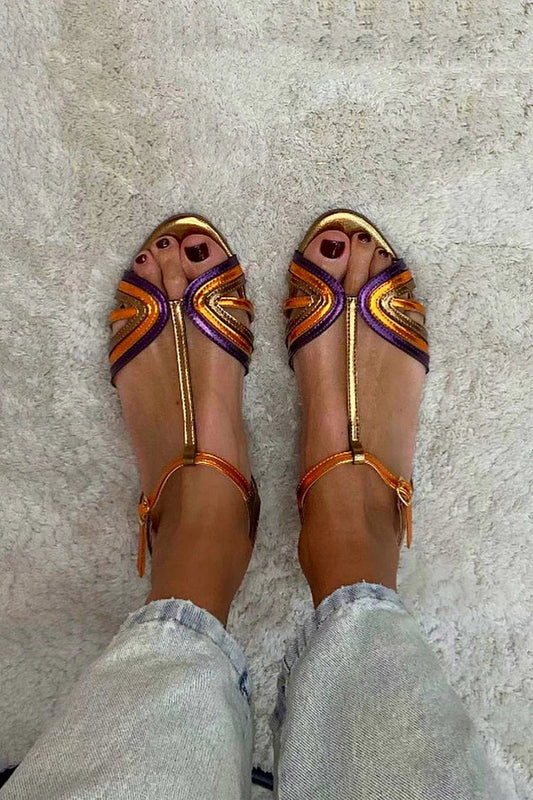 Sandalias Peep Toe Multicolor y Dorado con Hebilla y Tira en T
