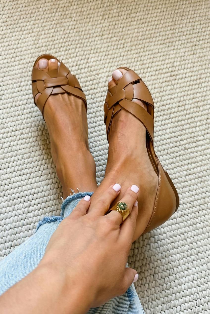 Bailarinas Peep Toe Trenzadas de Piel Sintética con Tiras Cruzadas y Talón Cerrado
