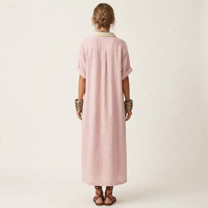 Aitana | Vestido Camisero Maxi con Cuello Contraste, Botones y Manga Corta