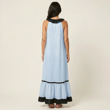 Serafina | Vestido Maxi sin Mangas con Cuello de Volantes y Ribete Contraste