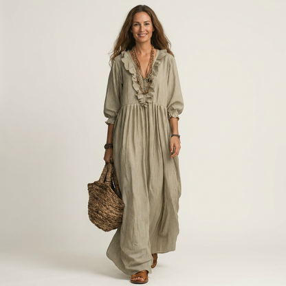 Paloma | Vestido Maxi de Rayas con Escote en V de Volantes y Manga Farol