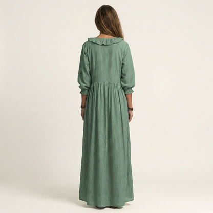 Paloma | Vestido Maxi de Rayas con Escote en V de Volantes y Manga Farol