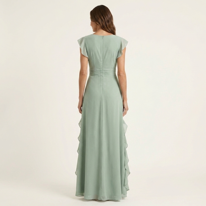 Celeste | Vestido Maxi Cruzado con Escote en V, Manga Mariposa y Volante Cascada