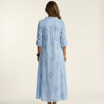Odalys | Vestido Maxi en Algodón y Lino con Bordado Floral Tono sobre Tono