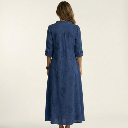 Odalys | Vestido Maxi en Algodón y Lino con Bordado Floral Tono sobre Tono