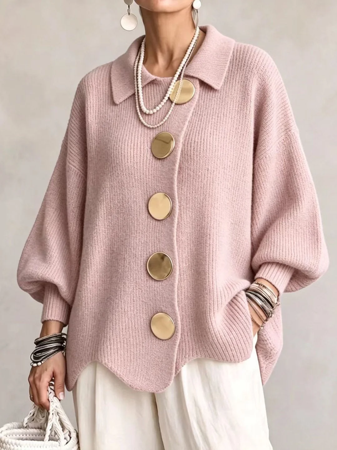 Stefania | Cárdigan Oversize con Cuello y Botones Metálicos
